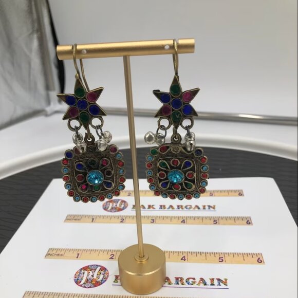 Afghan Oversized Dangle Earrings With Multicolor Glass Stones, Afghan Earrings - Picture 6 of 9
